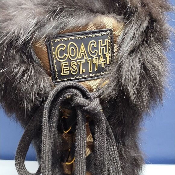 Coach Jennie Signature Winter Boots Womens Sz 9.5 Brown Black Rabbit Fur Lace Up - Picture 3 of 15